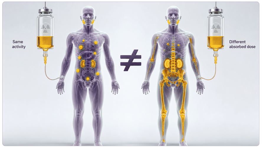 The same administered activity can produce different absorbed-dose distributions. Conceptual illustration; not patient data.